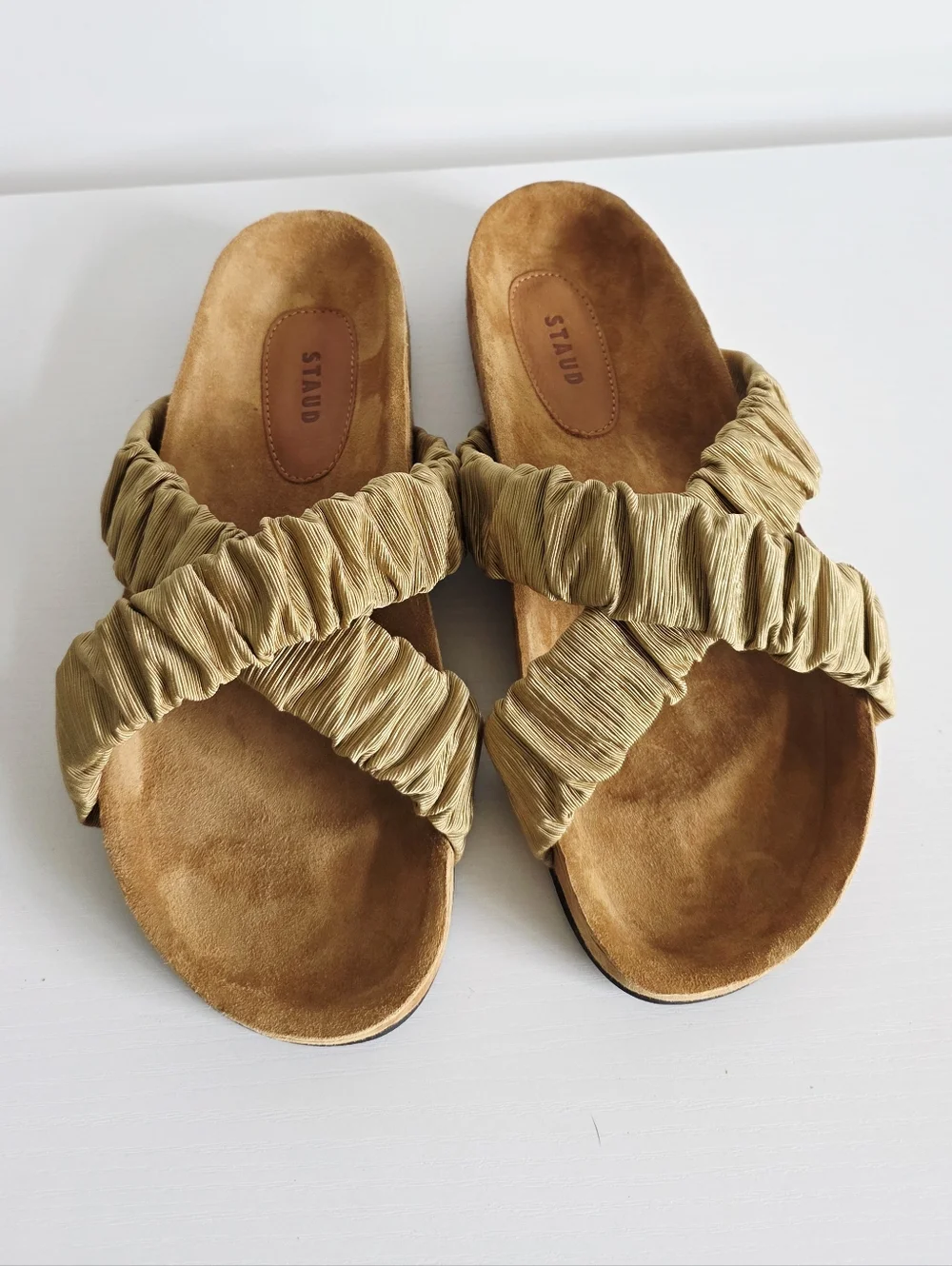 STAUD Ruched Crisscross Sandals in Tan/Beige